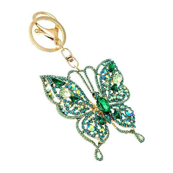 Intricate Green Butterfly Keychain Rhinestones & Gift Bag, Purse Jewelry, 5"L - Picture 3 of 5